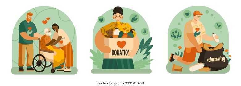 Set of drawings about work of activists. Volunteers take care of elderly, collect donations, clean up trash. Caring for nature, environment, people. Volunteer movement in vector color illustrations