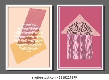 Eine Reihe von Zeichnungen mit abstrakten geometrischen Formen für die Wanddekoration. Vorlagen für die Innenausstattung. Eine Kollektion für Poster, Cover, Drucke und kreative Ideen