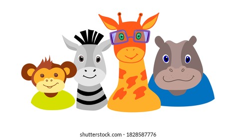 Set of drawings of animals. Heads of African animals, portraits isolated on a white background. Vector freehand illustration in cartoon style for children.