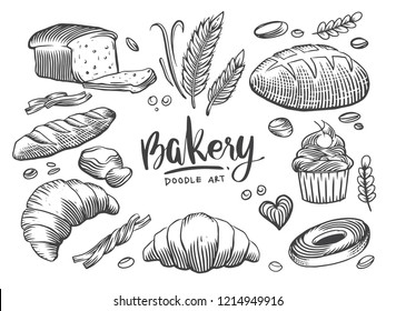 Set of drawings bakery theme. cakes, pies, Bread and pastry collection. Bread house. vector black and white sketch illustration isolated on white background