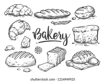 Set of drawings bakery theme. cakes, pies, Bread and pastry collection. Bread house. vector black and white sketch illustration isolated on white background