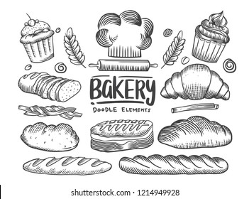 Set of drawings bakery theme. cakes, pies, Bread and pastry collection. Bread house. vector black and white sketch illustration isolated on white background
