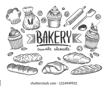 Set of drawings bakery theme. cakes, pies, Bread and pastry collection. Bread house. vector black and white sketch illustration isolated on white background
