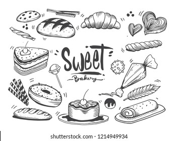 Set of drawings bakery theme. cakes, pies, Bread and pastry collection. Bread house. vector black and white sketch illustration isolated on white background