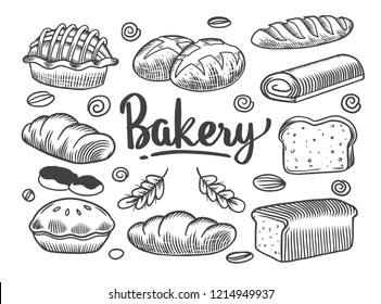 Set of drawings bakery theme. cakes, pies, Bread and pastry collection. Bread house. vector black and white sketch illustration isolated on white background