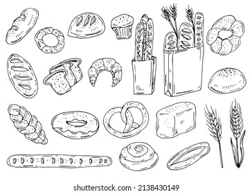 Set of drawings bakery theme. cakes, pies, Bread and pastry collection. Bread house. vector black and white sketch illustration isolated on white background