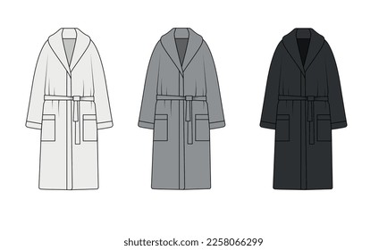 Un conjunto de dibujos de un albornoz sobre un fondo blanco. Larga plantilla de albornoz con bolsillos, vector. albornoz blanco, gris y negro.