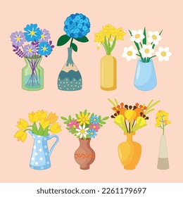 a set of drawings with beautiful vases and a bouquet of spring flowers