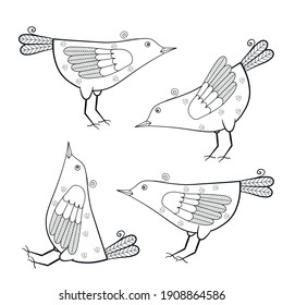 Un conjunto de dibujos de aves sobre un fondo blanco. Libro de coloración para niños y adultos