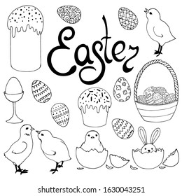 set of drawings in black and white, for Easter, Easter eggs, chickens, holiday bread, isolate