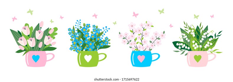 Un conjunto de dibujos de ramos en tazas con flores primaverales - lirios del valle, tulipanes, flores de cerezo, olvídenme-no. Ilustración plana vectorial sobre un fondo blanco aislado.