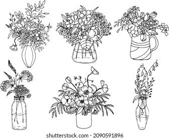 a set of drawings of bouquets of flowers in vases