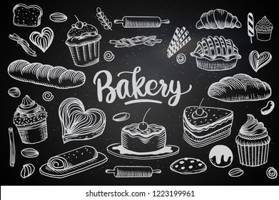 Set of drawings breads and bakery theme. cakes, pies, Bread and pastry collection. Bread house. vector black and white sketch illustration isolated on white background