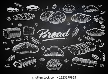 Set of drawings breads and bakery theme. cakes, pies, Bread and pastry collection. Bread house. vector black and white sketch illustration isolated on white background