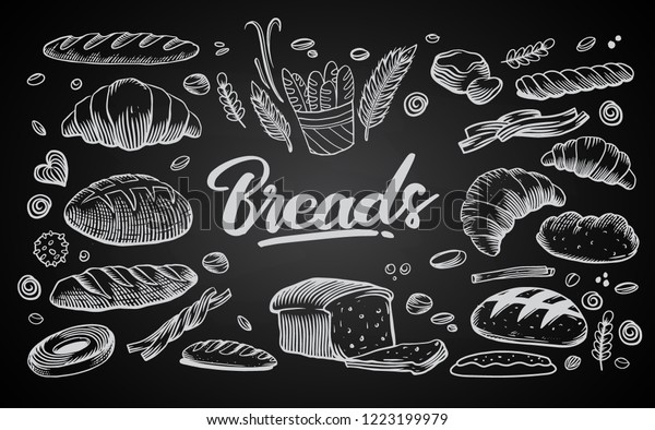 パンとベーカリーのテーマの図面セット ケーキ パイ パン ペストリーコレクション パン屋 白い背景にベクター画像の白黒のスケッチイラスト のベクター画像素材 ロイヤリティフリー