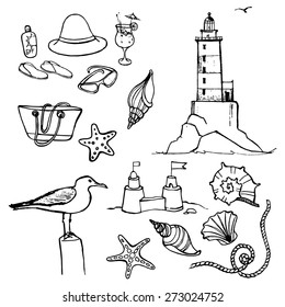 Set of drawings by hand about the sea and beach.Vector illustration.