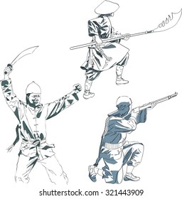 A set of drawings by hand. Boxer rebellion in China. Vector.