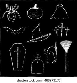 a set of drawings by hand for Halloween. The elements collection in white chalk on a black background. Templates to decorate greetings or invitations. Vector illustration