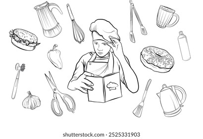 a set of drawings by the hand of a young chef looking at a book with recipes of dishes surrounded by objects for cooking