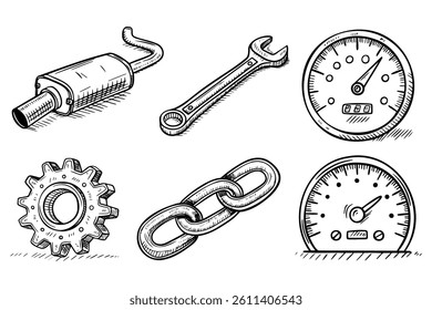 A set of drawings of car parts and a speedometer