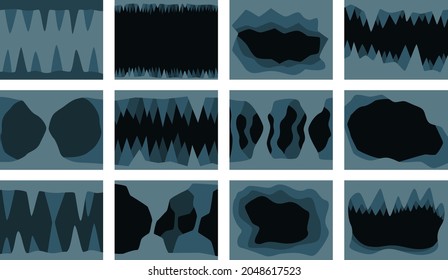 A set of drawings of a cave with stalactites and stalagmites. Vector illustration.