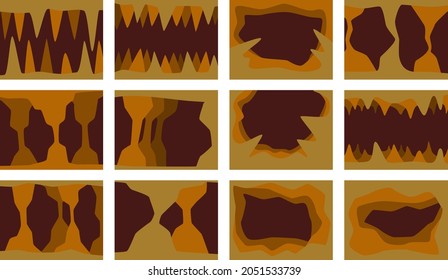 A set of drawings of a cave with stalactites and stalagmites. Vector illustration.