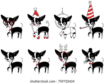 a set of drawings with a chihuahua dog in different costumes for your design. 2018 is the year of the dog. Isolated objects, vector illustration