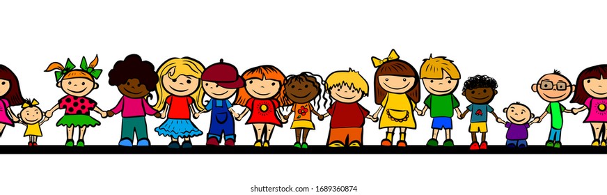 A set of drawings of children. Seamless pattern kids joined hands. Friendship. Vector illustration