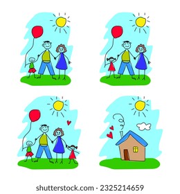 Set of drawings as childs hand is my happy family of parents and babies. Father, son, daughter, mother, red heart, yellow sun, house, blue sky and green grass. Father day, family, mother day