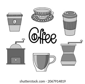 A set of drawings of coffee cups, coffee glasses, coffee grinders, calligraphic hand lettering of coffee. Doodle style