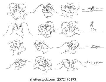 Set of drawings of couples in love kissing. LGBT, gay, lesbian, heterosexual people. Valentine's Day February 14. Lovers drawing by hand in a continuous line.