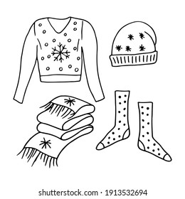 Set of drawings of cozy winter clothes. Sweater, socks, hat, scarf. Collection of hand drawn vector illustrations. For design, decor, prints.