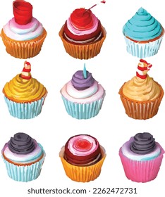 Set of drawings of cupcakes with various types of toppings from fruits, candy and sweets. Colored in pastel colors. Looks delicious and interesting