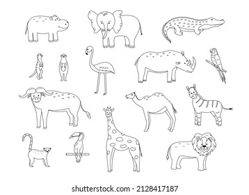 A set of drawings of cute cartoon African animals, vector illustration of a black and white outline of animals for coloring or logo.
