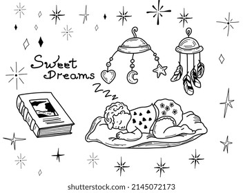 Montaje de dibujos de adorables ilustraciones vectoriales hechas a mano sobre el tema del sueño a la cama. El bebé está durmiendo sobre un colchón, un juguete colgante lo está colgando encima. En el doodle de estilo. Ilustración del vector