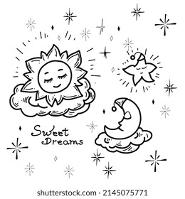 Montaje de dibujos de adorables ilustraciones vectoriales hechas a mano sobre el tema del sueño a la cama. El sol, la luna y la estrella duermen en las nubes. En el doodle de estilo. Ilustración del vector
