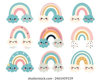 Un conjunto de dibujos, arcoíris lindos, con nubes y lluvia en estilo boho-spike pegatinas para niños, iconos para álbumes, Vector