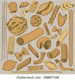 Set of Drawings Different Kinds of Pasta on Motley Backdrop, Vintage Stylized 