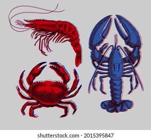 Set of drawings of different seafood. Good quality handmade. Engraving. Can be repainted in a different color.