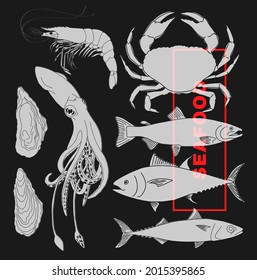 Set of drawings of different seafood. Good quality handmade. Engraving. Can be repainted in a different color.
