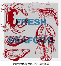 Set of drawings of different seafood. Good quality handmade. Engraving. Can be repainted in a different color.