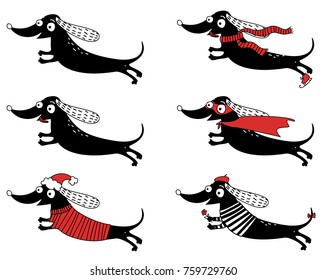 a set of drawings with dog dachshunds in different suits for your design. 2018 is the year of the dog. Isolated objects, vector illustration