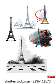 Set of drawings of the Eiffel Tower. Eiffel Tower icon on white background. France Paris tower silhouette vector illustration. Rainbow heart. Valentine's Day. Postcard for February 14. Vector