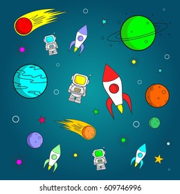 Set of drawings of elements of space. Vector illustration