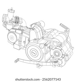 A set of drawings of engines - motor vehicle internal combustion engine, motorcycle, electric motor and a rocket. It can be used to illustrate ideas of science, engineering design and high-tech