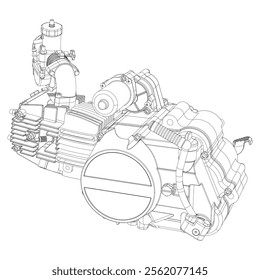 A set of drawings of engines - motor vehicle internal combustion engine, motorcycle, electric motor and a rocket. It can be used to illustrate ideas of science, engineering design and high-tech