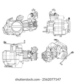 A set of drawings of engines - motor vehicle internal combustion engine, motorcycle, electric motor and a rocket. It can be used to illustrate ideas of science, engineering design and high-tech