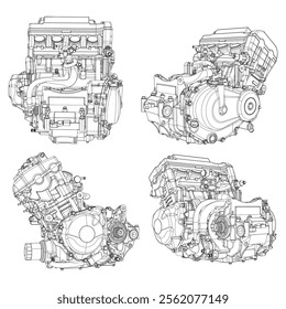 A set of drawings of engines - motor vehicle internal combustion engine, motorcycle, electric motor and a rocket. It can be used to illustrate ideas of science, engineering design and high-tech