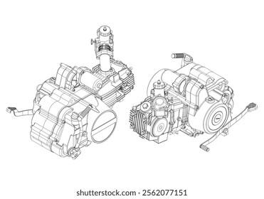 A set of drawings of engines - motor vehicle internal combustion engine, motorcycle, electric motor and a rocket. It can be used to illustrate ideas of science, engineering design and high-tech