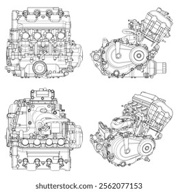 A set of drawings of engines - motor vehicle internal combustion engine, motorcycle, electric motor and a rocket. It can be used to illustrate ideas of science, engineering design and high-tech